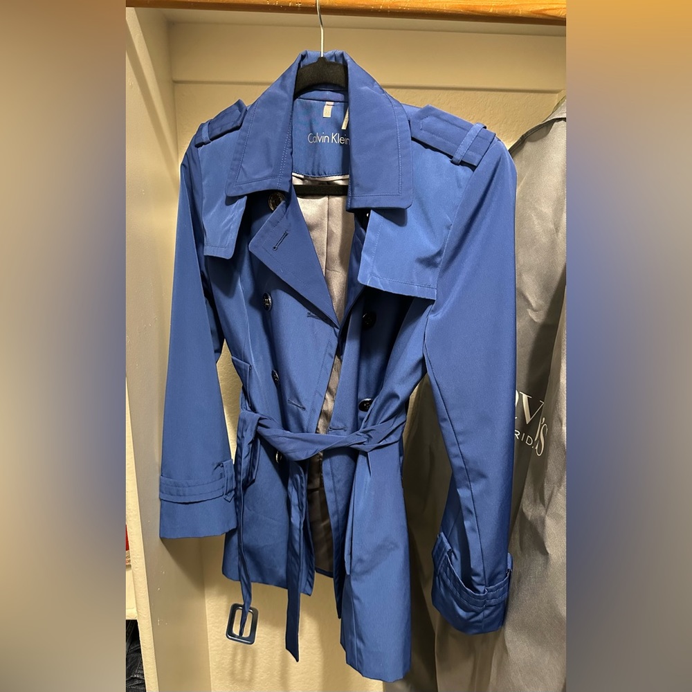 Calvin Klein Blue Trench Coat Size Petite X-Small
